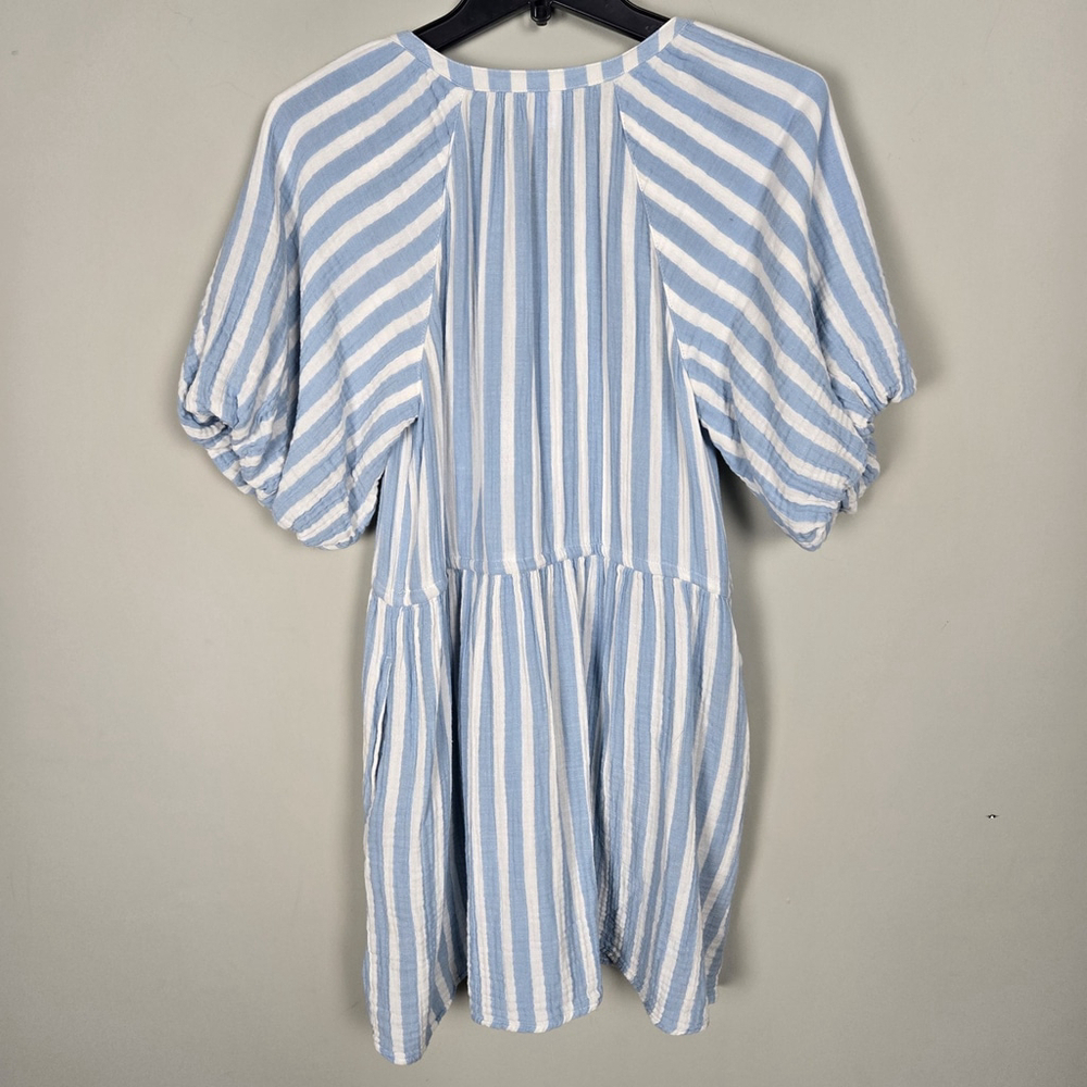 Old Navy Womens Puff Sleeve Mini Shirt Dress Size S Blue Striped Coastal Peasant - Picture 2 of 7